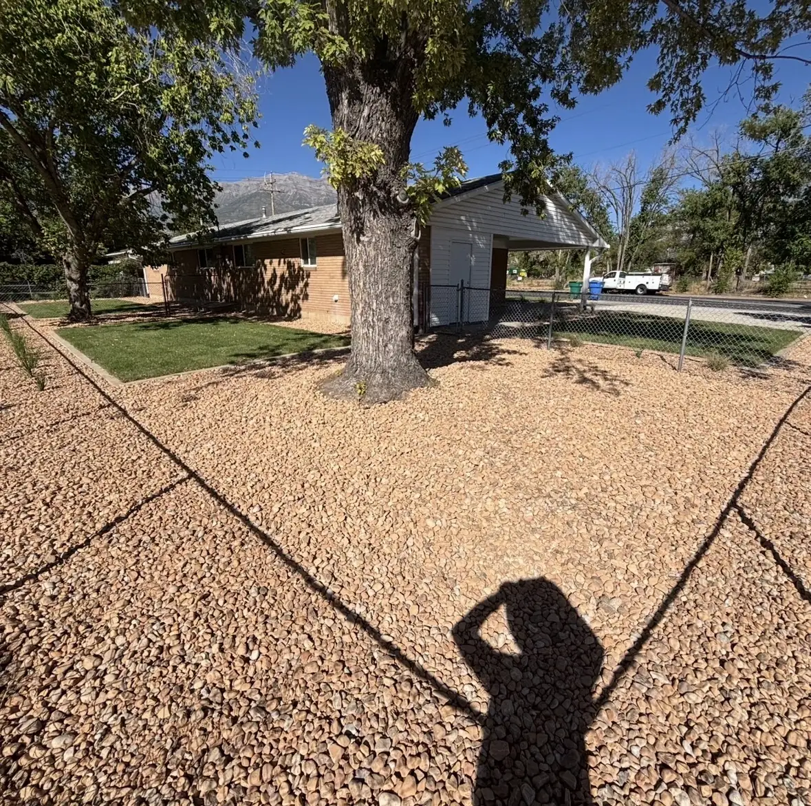 Same front yard finished with rock landscaping around a mature tree