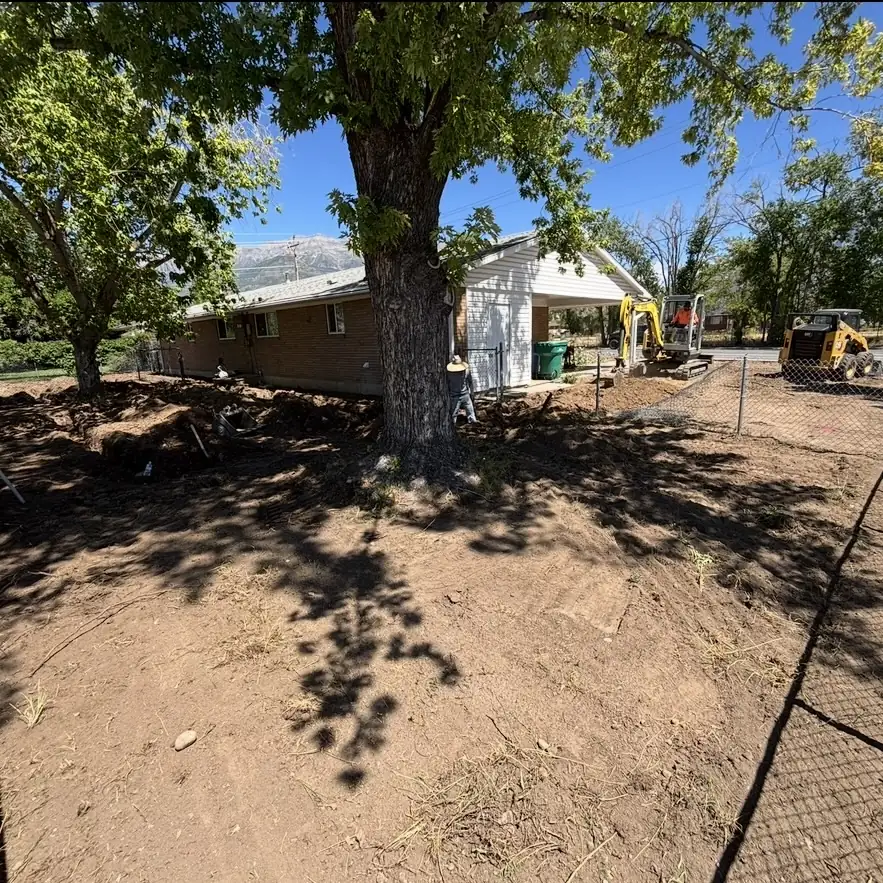 Front yard stripped to bare dirt before a xeriscape install